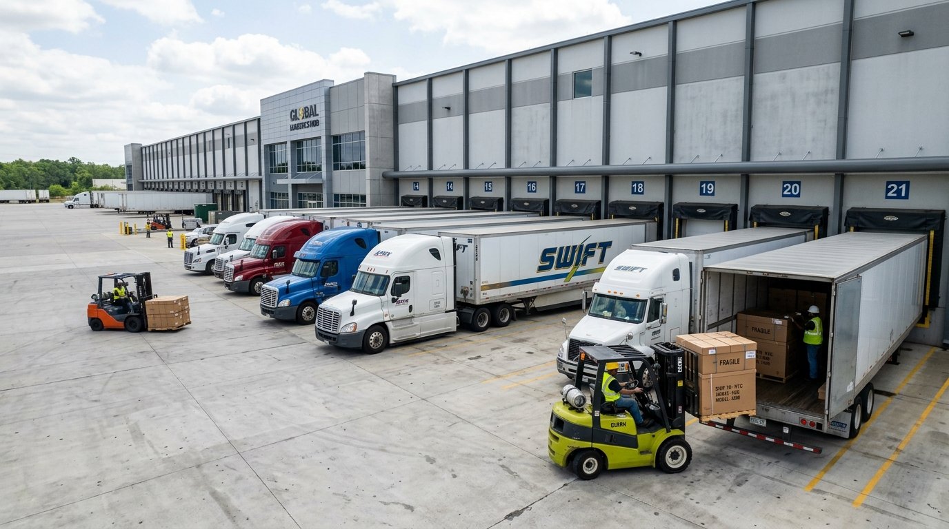 Commercial Semi-Trucks at Logistics Terminal Loading Bays